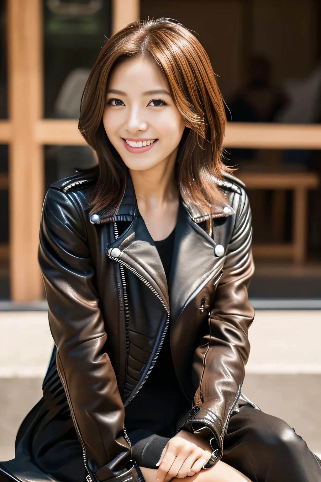masterpiece, highest quality, Photoreal, Super detailed, finely, High resolution, 8k wallpaper, Professional, Advanced level of detail, ((Slender Japanese woman sitting on a large motorcycle:1.2)), detailed clavicle, Medium chest、(perfect beautiful face:1.5), Front facing、((wearing a black motorcycle jacket:1.5)), (chestnut hair、1.8)、cute face、(gentle smile:1.5)、(full body shot:1.5)、(brown skin:1.5)