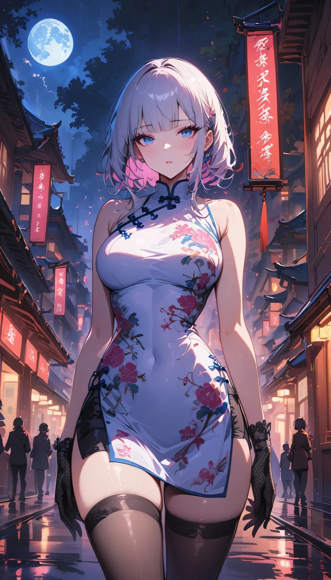 masterpiece, the best, night, full moon, 1 adult woman, Chinese Architecture, cheongsam, China costume, Royal sister, cold face, Poker face, woman with long silver hair, light pink lips, fishnet stockings, calm, intellectuals, Three bangs, lace gloves, blue eyes, street view, facial details,