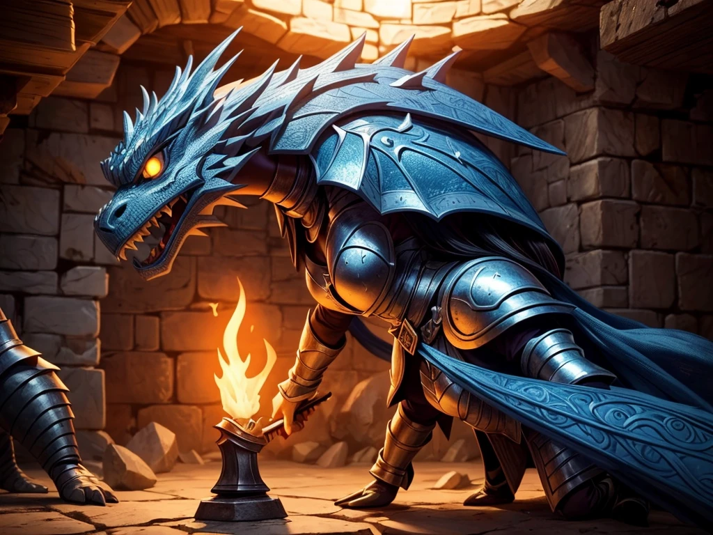A girl with long hair and sparkling blue eyes, dressed in armor, holding a magical sword, engaged in combat with a fearsome dragon. The girl's armor is intricately detailed, with engravings of ancient runes. The dragon is massive, with scales that shimmer in the sunlight and fiery breath emanating from its mouth. The surrounding environment is a dark and mysterious dungeon, with dimly lit torches casting eerie shadows on the stone walls. The atmosphere is filled with tension and adrenaline, as the girl shows determination and strength in her battle against the dragon. The image is rendered in a highly realistic and detailed style, capturing every fine texture and vibrant color. The lighting is dramatic, with rays of sunlight streaming through the cracks in the dungeon ceiling, highlighting the intensity of the scene. The overall color tone is dark and atmospheric, with hints of warm hues illuminating the characters and surroundings.