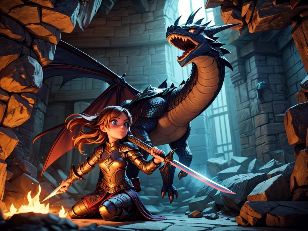 A girl with long hair and sparkling blue eyes, dressed in armor, holding a magical sword, engaged in combat with a fearsome dragon. The girl's armor is intricately detailed, with engravings of ancient runes. The dragon is massive, with scales that shimmer in the sunlight and fiery breath emanating from its mouth. The surrounding environment is a dark and mysterious dungeon, with dimly lit torches casting eerie shadows on the stone walls. The atmosphere is filled with tension and adrenaline, as the girl shows determination and strength in her battle against the dragon. The image is rendered in a highly realistic and detailed style, capturing every fine texture and vibrant color. The lighting is dramatic, with rays of sunlight streaming through the cracks in the dungeon ceiling, highlighting the intensity of the scene. The overall color tone is dark and atmospheric, with hints of warm hues illuminating the characters and surroundings.