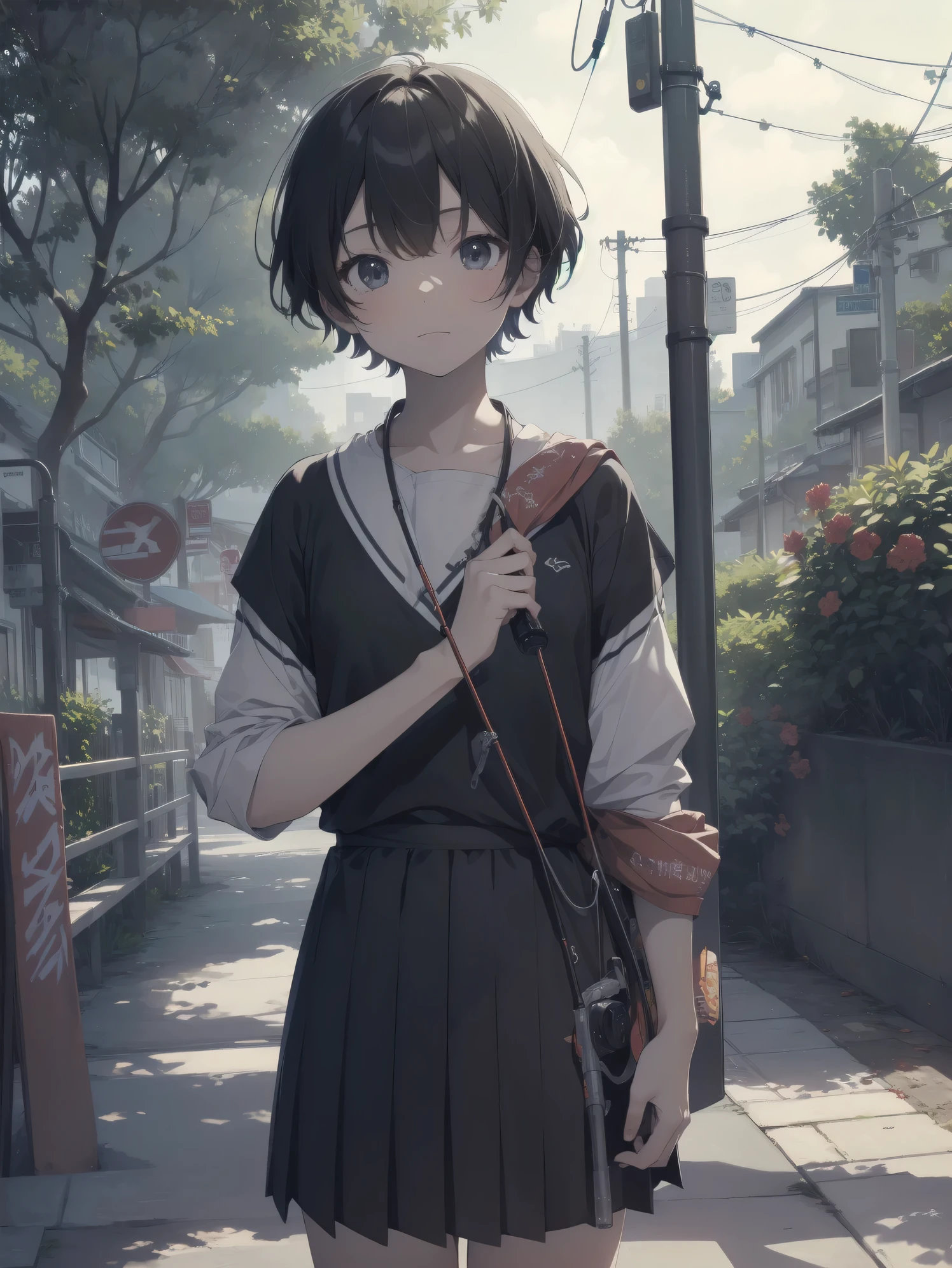 ultra-absurdres-Top quality by art God, ultra-detailed, high resolution, anime moe artstyle, best anime 8k konachan wallpaper, pixiv contest winner, perfect anatomy,break, 1girl, (Please draw a girl sitting and fishing alone. )break,(Solo,little female, 13-year-old:1.3),Full limbs, complete fingers,a junior high school student, Attractiveness of immature bodies, (very short hair), short cut, flat chest, , small butt, small black eyes, beautiful detailed eyes, well-proportioned iris and pupils, expressive eyes, highres detailed hair, soft expression, fishing rod, school_uniform, pleated skirt, holding,holding fishing rod, fishing line, (Detailed Lighting), (Detailed background), outdoors, ocean, sitting and fishing, on the wharf. break,super detailed skin, Best cinematic lighting powered by famous artist, 8k,beauty illustration,photoshop_(medium),very aesthetic,break,((artist:core )), artist:fukahire_(ruinon) ,artist:akinashi yuu ,artist:oyari ashito ,