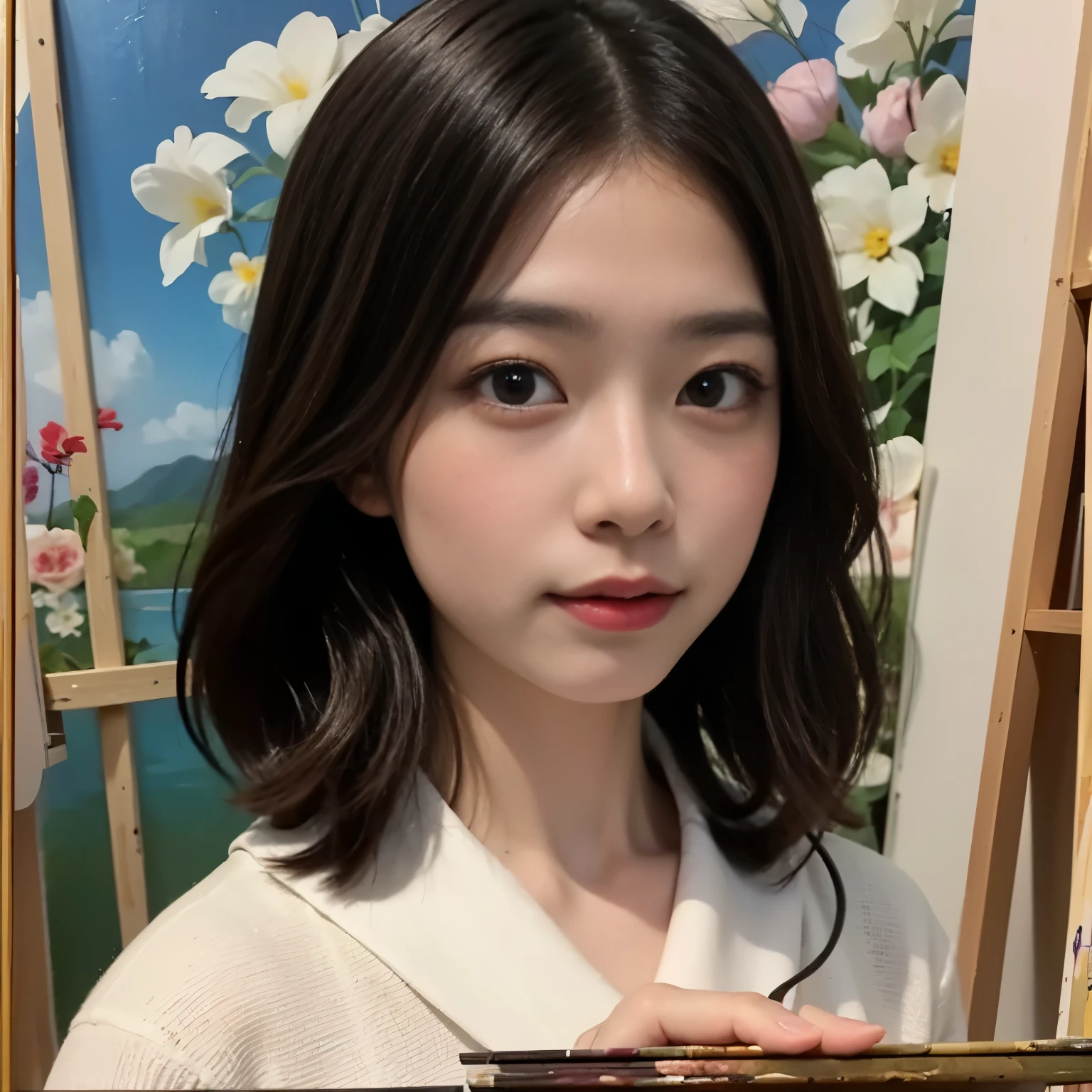 There is a young and beautiful Japanese woman、I'm painting an oil painting、A canvas is placed on the easel、This is a very similar self-portrait、