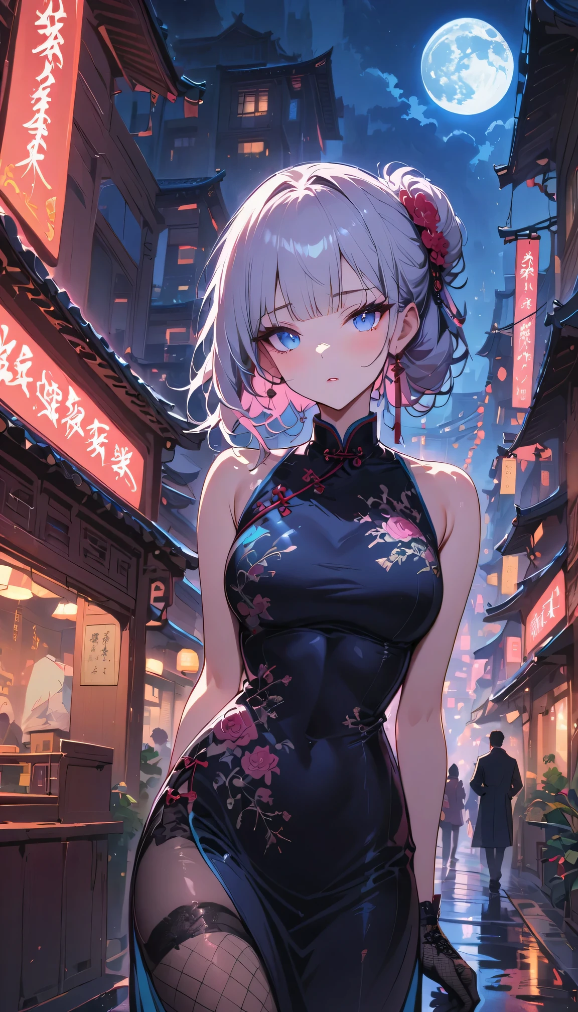 masterpiece, the best, night, full moon, 1 adult woman, Chinese Architecture, cheongsam, China costume, Royal sister, cold face, Poker face, woman with long silver hair, light pink lips, fishnet stockings, calm, intellectuals, Three bangs, lace gloves, blue eyes, street view, facial details,