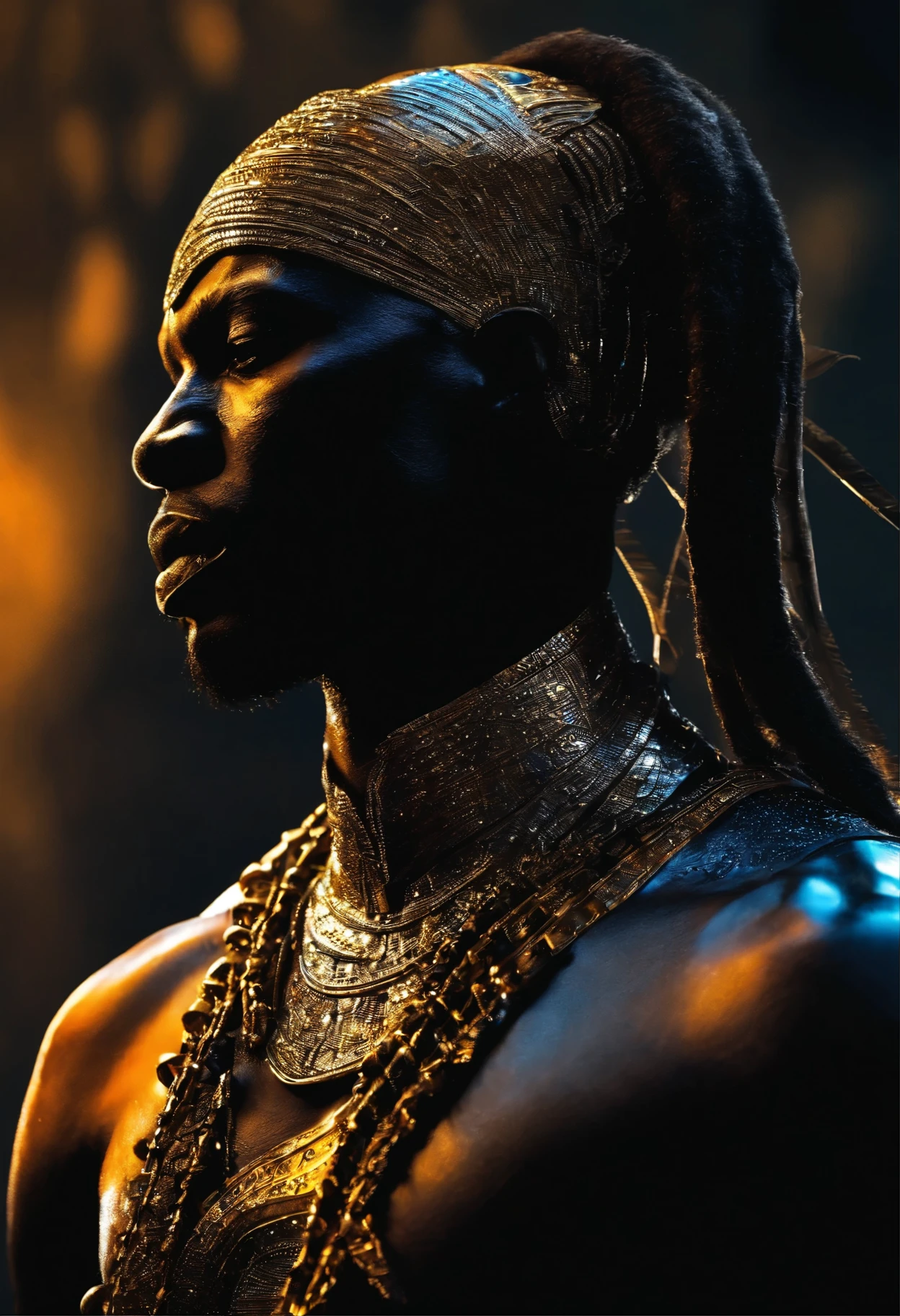 digital art silhouette of an African warrior completely metallic and seen very closely you can appreciate his features and the shiny metal , small white flashes appear like mirrors , On a shocking rain I degraded primary colors like mirrored glass , contrasting the cold black of the color