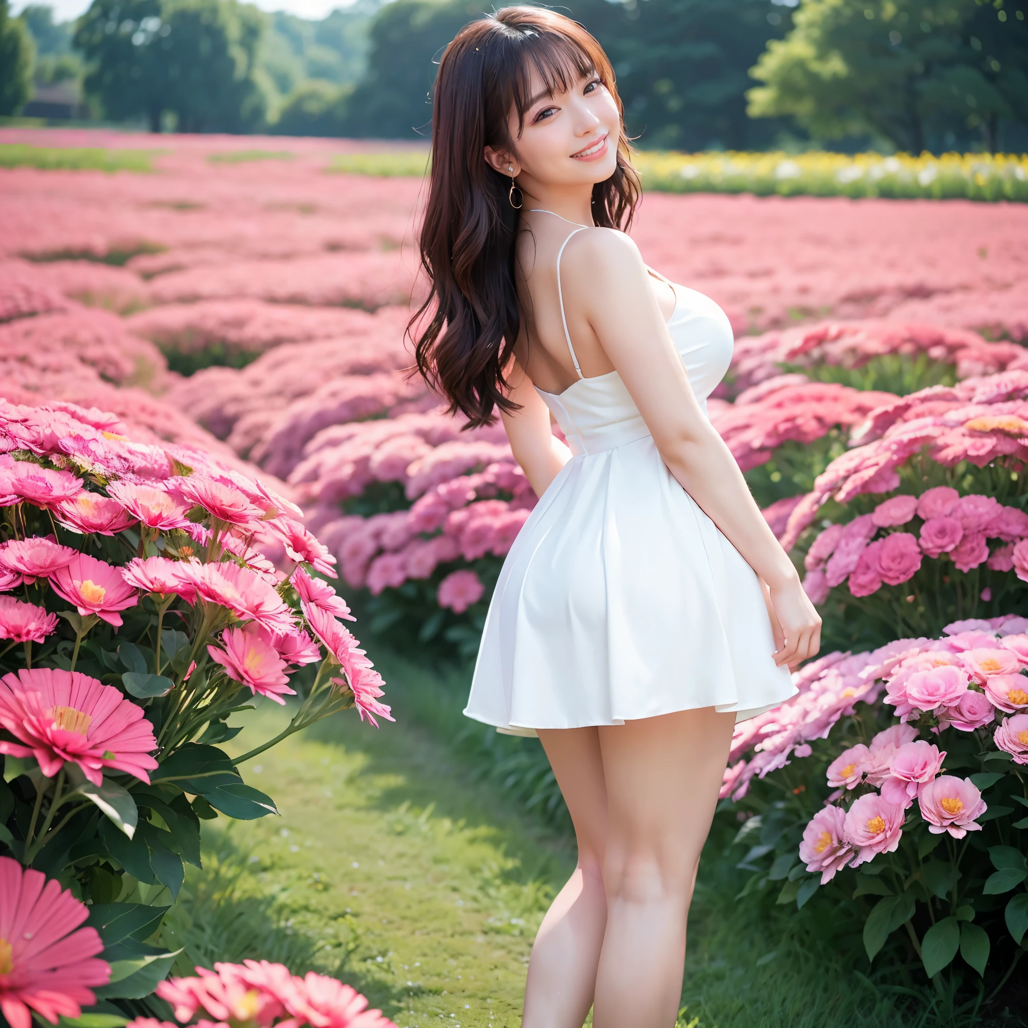 (highest quality、masterpiece、8K、best image quality、hyper realism、Award-winning work)、1 female、(solo:1.2)、(1 photo:1.2)、(A neat and feminine cute dress:1.2)、(Beautiful colorful vibrant flower field with strong blur:1.2)、(The most natural and perfect wide flower field:1.1)、(Mr.々flower garden of different kinds of colorful flowers:1.2)、(standing elegantly:1.2)、(full body photo:1.25)、(emphasize body line:1.2)、(thick legs:1.2)、glamorous body、big ass、big breasts、(low length:1.1)、short、(Rear view:1.2)、(pointing your butt at me:1.1)、(Looking back at me:1.1)、(accurate anatomy:1.1)、perfect makeup、long eyelashes、glossy lips、Ultra high definition glossy skin、(Ultra-high definition bright and beautiful skin:1.1)、超高精細のglossy lips、(Super high definition beautiful perfect teeth:1.1)