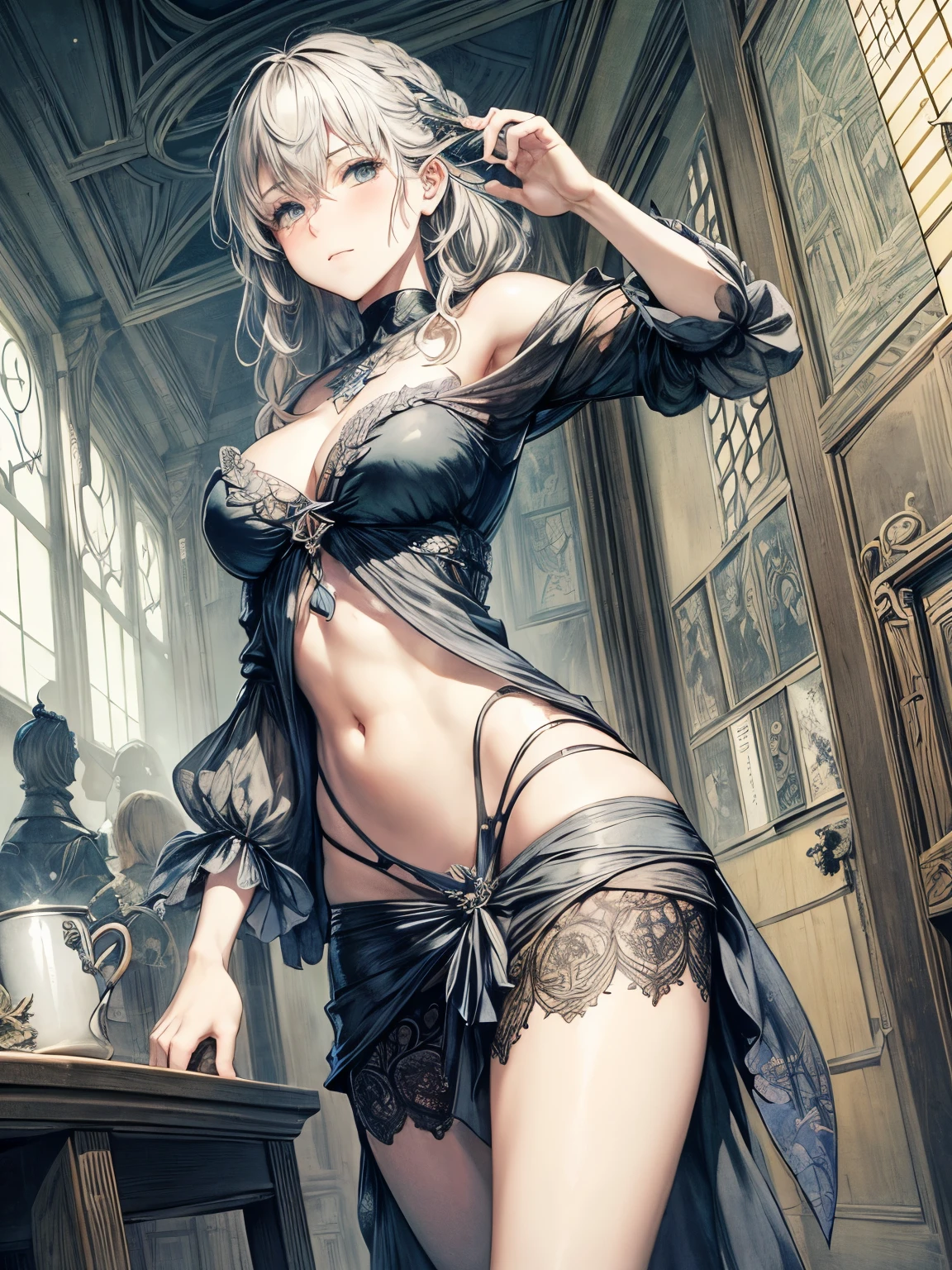 Arthur Rackham, Henri-Jules Corneille de Groux, Surreal, mysterious, strange, fantastical, fantasy, Sci-fi, Japanese anime, architectural invention, miniskirt beautiful girl drawing blueprints, perfect voluminous body, detailed masterpiece Hyper realistic sharp focus zoom in sexy erotic real embarrassment shy blushing provocative seducing