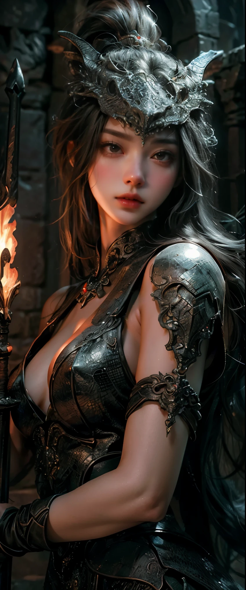 ((masterpiece, highest quality, Highest image quality, High resolution, photorealistic, Raw photo, 8K)), Dungeons & Dragons, A huge stone hall, female warriors surrounding a fire-breathing dragon, 