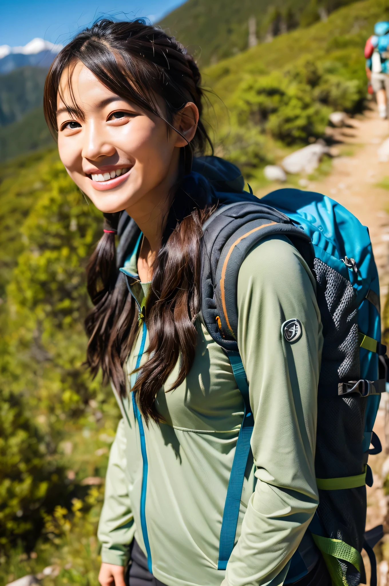 Smiling woman with backpack on mountain trail, hiking outfit, wearing adventure gear, wearing adventure gear, with a backpack, Girl standing on top of a mountain, mountain tree々Solo hiking in, portrait shot, hiking in rocky mountain, girl walking on mountain, Upper body, closeup portrait shot, medium close-up shot, buckshot, profile shot
