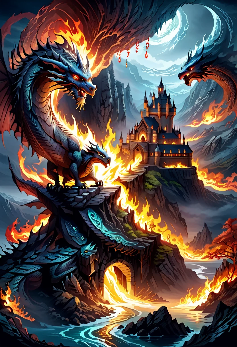 (create an epic image of the popular game Dungeons and Dragons: 1.5), dragons, battle, cliffs, fire, castle, masterpiece, hyper detailed, mystical, magical, at night, long shot, cinematic lighting, ultra image quality, HD, 32k