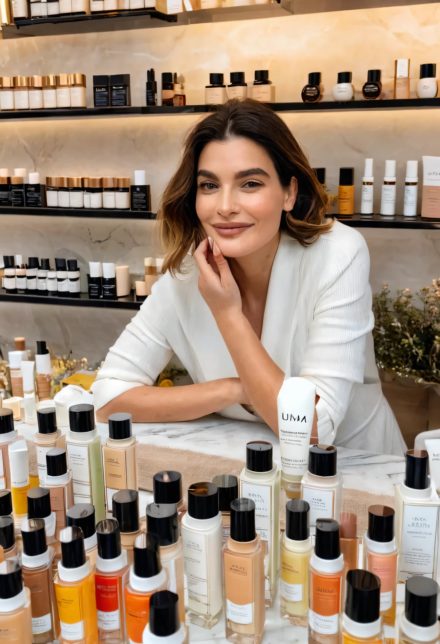 Uma mulher em Paris mostrando seus produtos de beleza