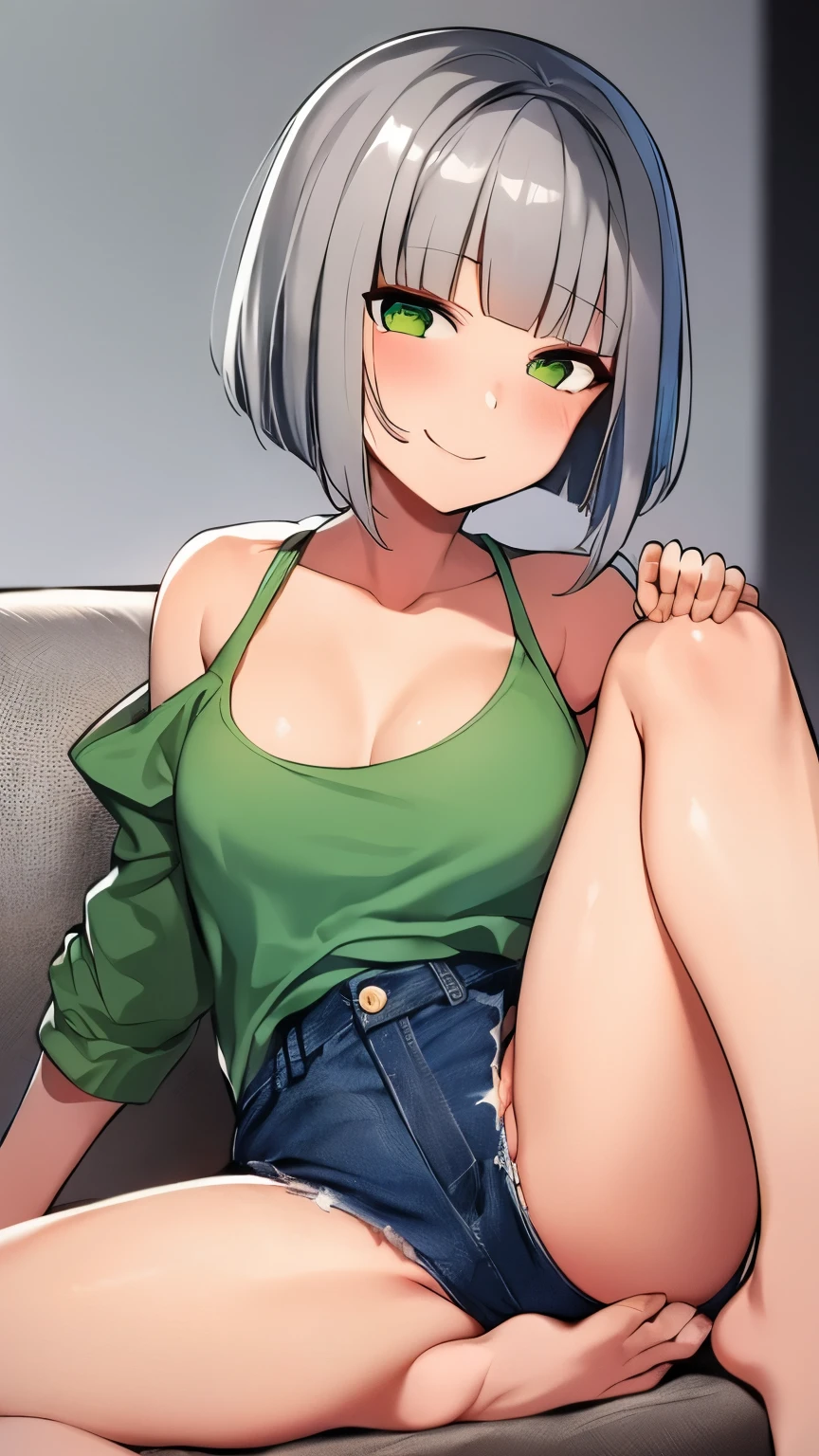 2D,highest quality,(masterpiece),(full body),(1 girl),Youmu Konpaku,gray hair bob cut,healthy white skin,(denim hot pants),Tank top,Shiny bare legs,barefoot,Beautiful green eyes,attractive thighs,Bedroom,Get drunk,upper grade,cheeks are bright red,Cute with bruises,Amaenbo,sagging sleeping face,A smile on your lips,I want to hug you、Cute like an angel,inner thigh pose,She is short in height,Lying on the sofa,Lying on your side