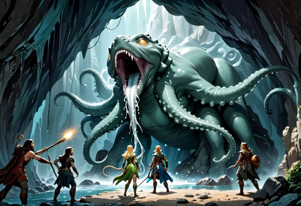 A group of sexy elven adventurers confront a 'roper' (an immense creature that imitates a stalagmite before lashing out with many tentacles and its immense maw),  in a deep dark cave, D&D