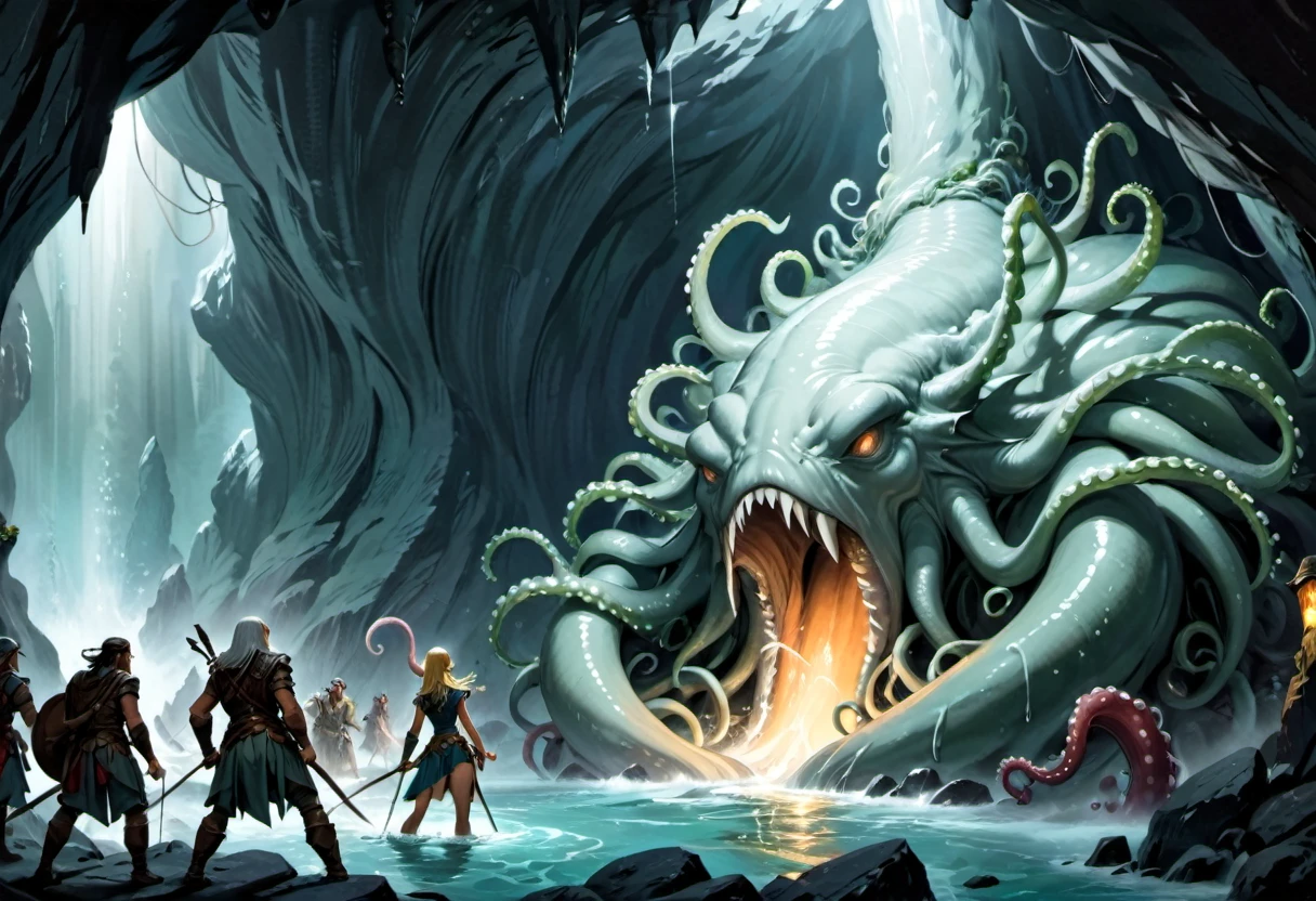 A group of sexy elven adventurers confront a 'roper' (an immense creature that imitates a stalagmite before lashing out with many tentacles and its immense maw),  in a deep dark cave, D&D