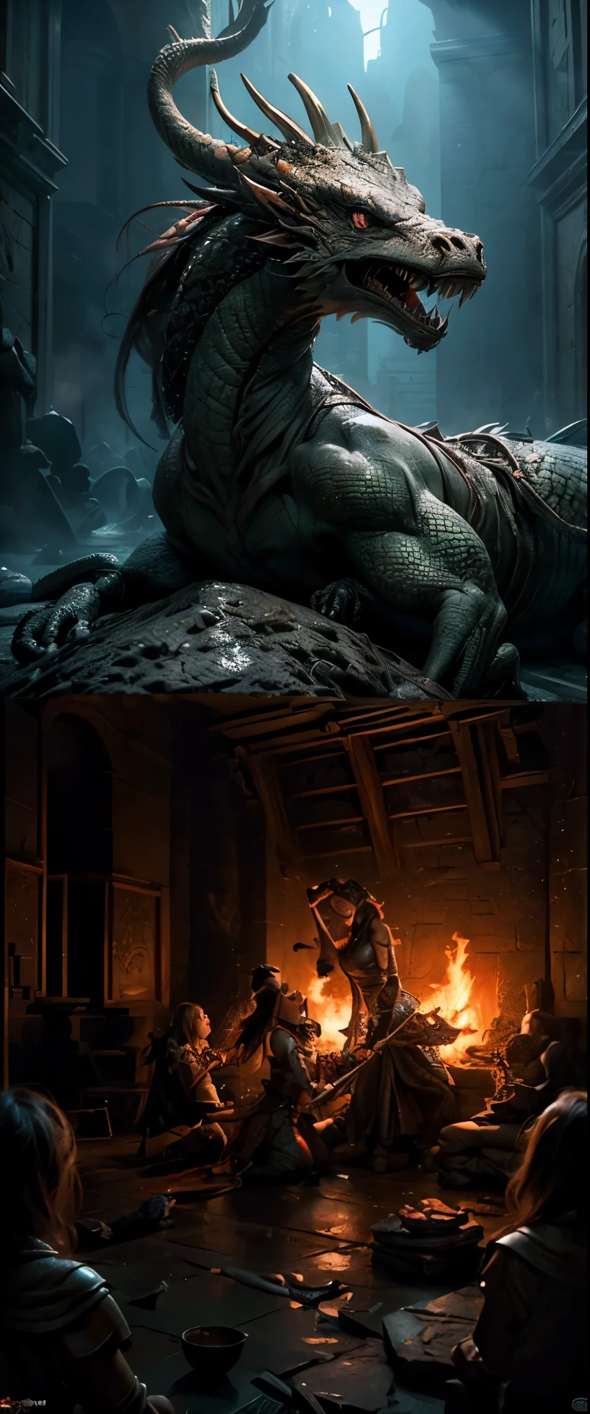 ((masterpiece, highest quality, Highest image quality, High resolution, photorealistic, Raw photo, 8K)), Dungeons & Dragons, A huge stone hall, female warriors surrounding a fire-breathing dragon,