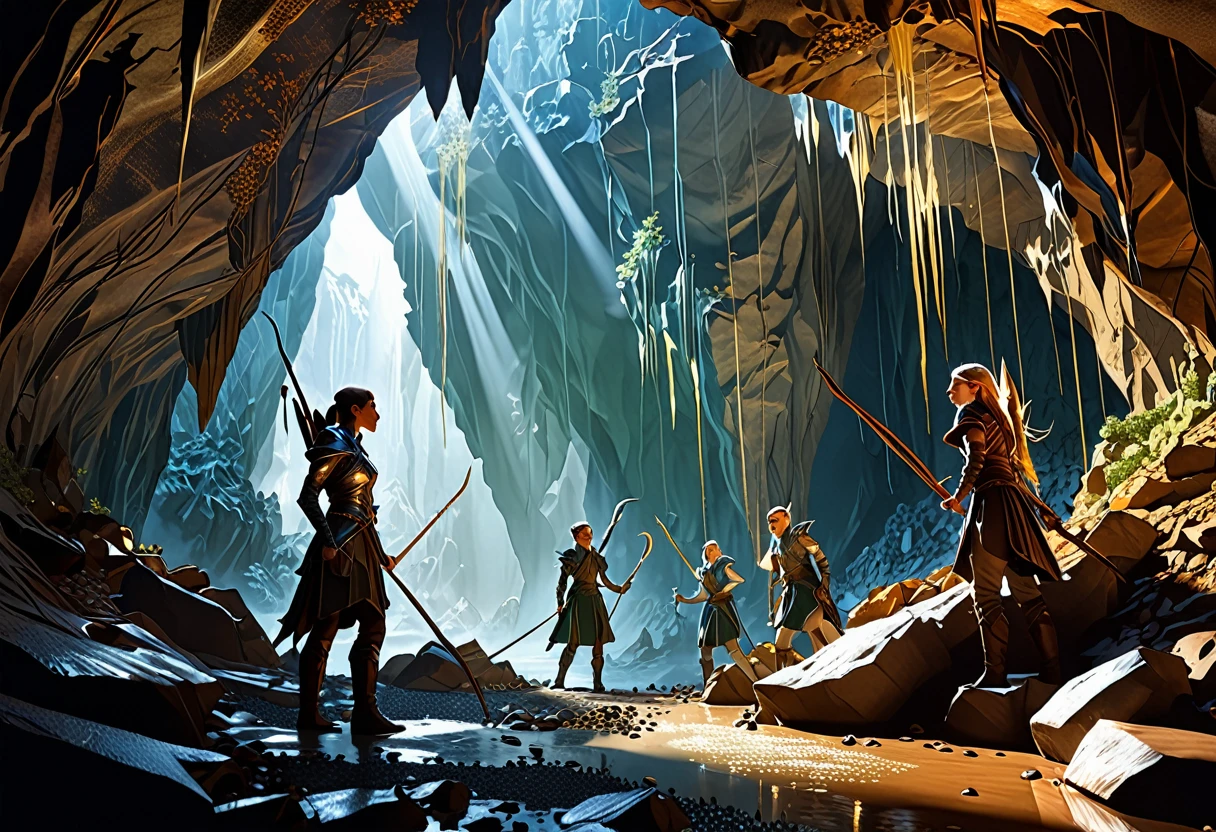 A group of sexy elven adventurers confront a 'roper' (an immense creature that imitates a stalagmite before lashing out with many tentacles and its immense maw),  in a deep dark cave, D&D