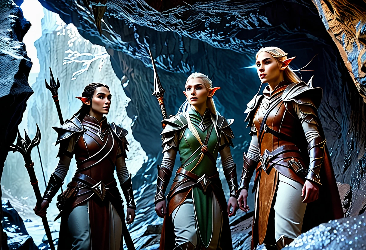 A group of sexy elven adventurers confront a 'roper' (an immense creature that imitates a stalagmite before lashing out with many tentacles and its immense maw),  in a deep dark cave, D&D