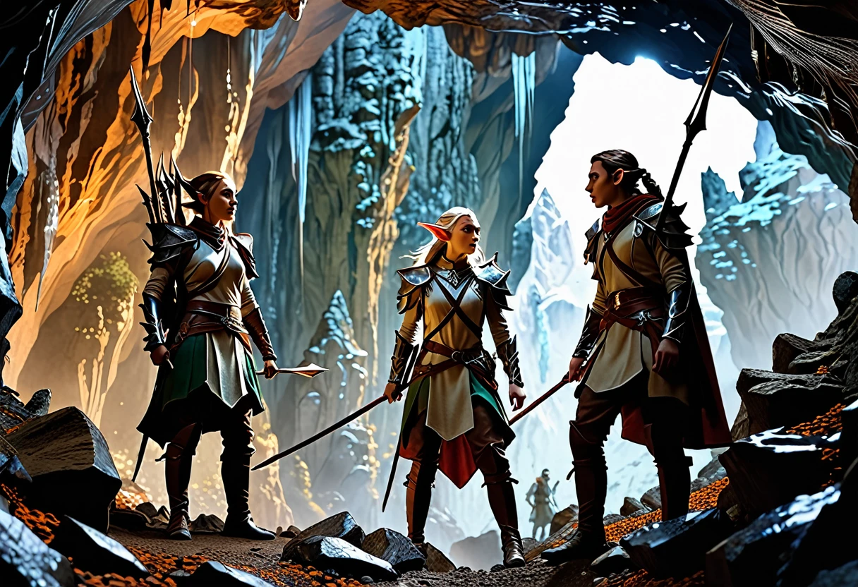 A group of sexy elven adventurers confront a 'roper' (an immense creature that imitates a stalagmite before lashing out with many tentacles and its immense maw),  in a deep dark cave, D&D