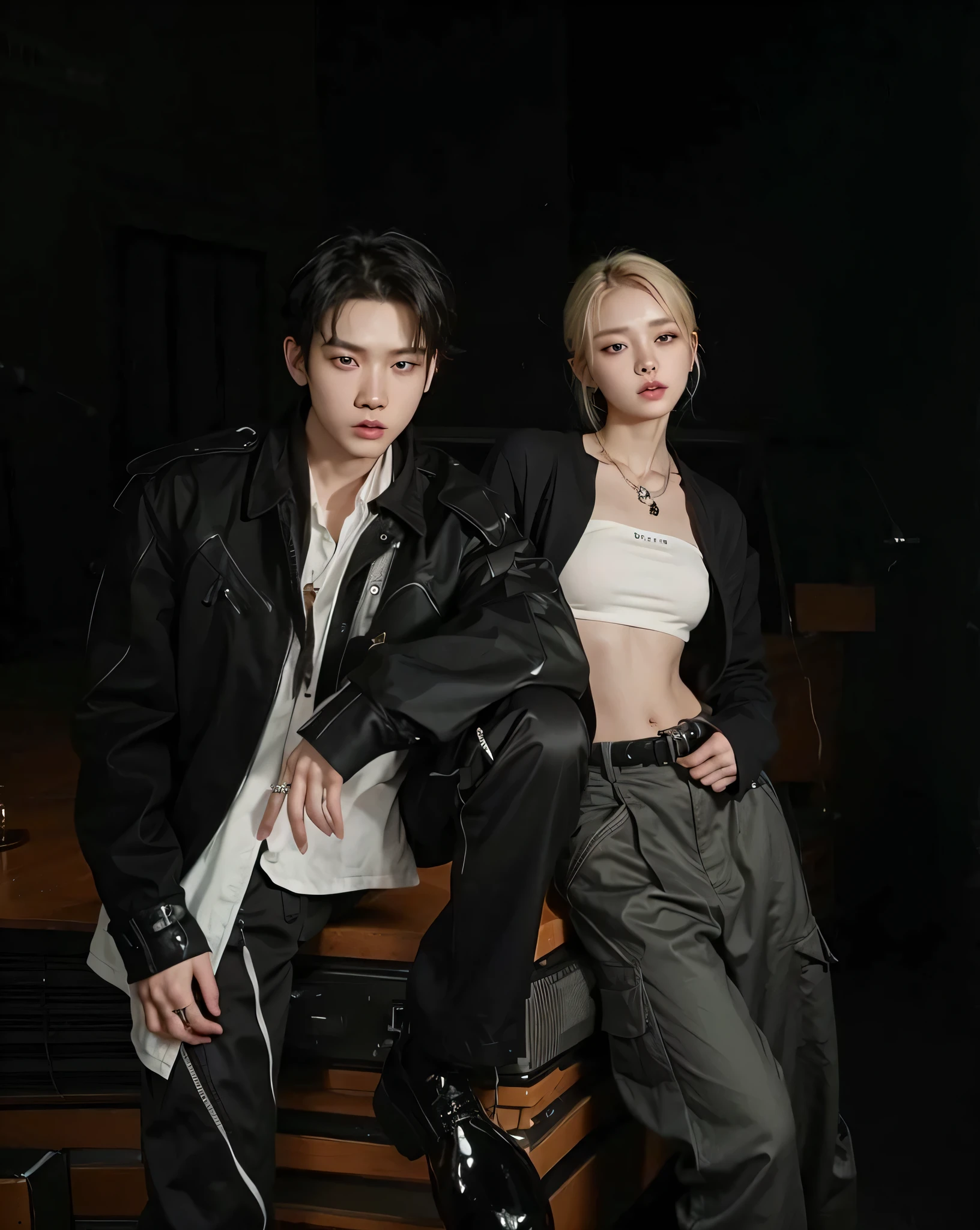 they are posing for a picture in a studio with a black background, kda and sam yang, inspired by Wang Duo, cai xukun, & jeehyung lee & wlop, jinyoung shin, ruan jia and brom, jia, photoshoot, jin shan and ross tran, smooth in _ the background, trending on cgstation, inspired by Yanjun Cheng