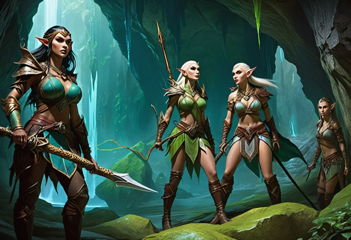 A group of sexy elven adventurers confront a 'roper' (an immense creature that imitates a stalagmite before lashing out with many tentacles and its immense maw),  in a deep dark cave, D&D