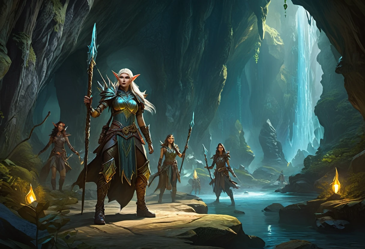 A group of sexy elven adventurers confront a 'roper' (an immense creature that imitates a stalagmite before lashing out with many tentacles and its immense maw),  in a deep dark cave, D&D