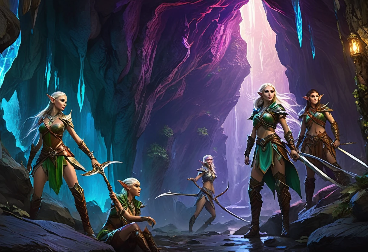 A group of sexy elven adventurers confront a 'roper' (an immense creature that imitates a stalagmite before lashing out with many tentacles and its immense maw),  in a deep dark cave, D&D