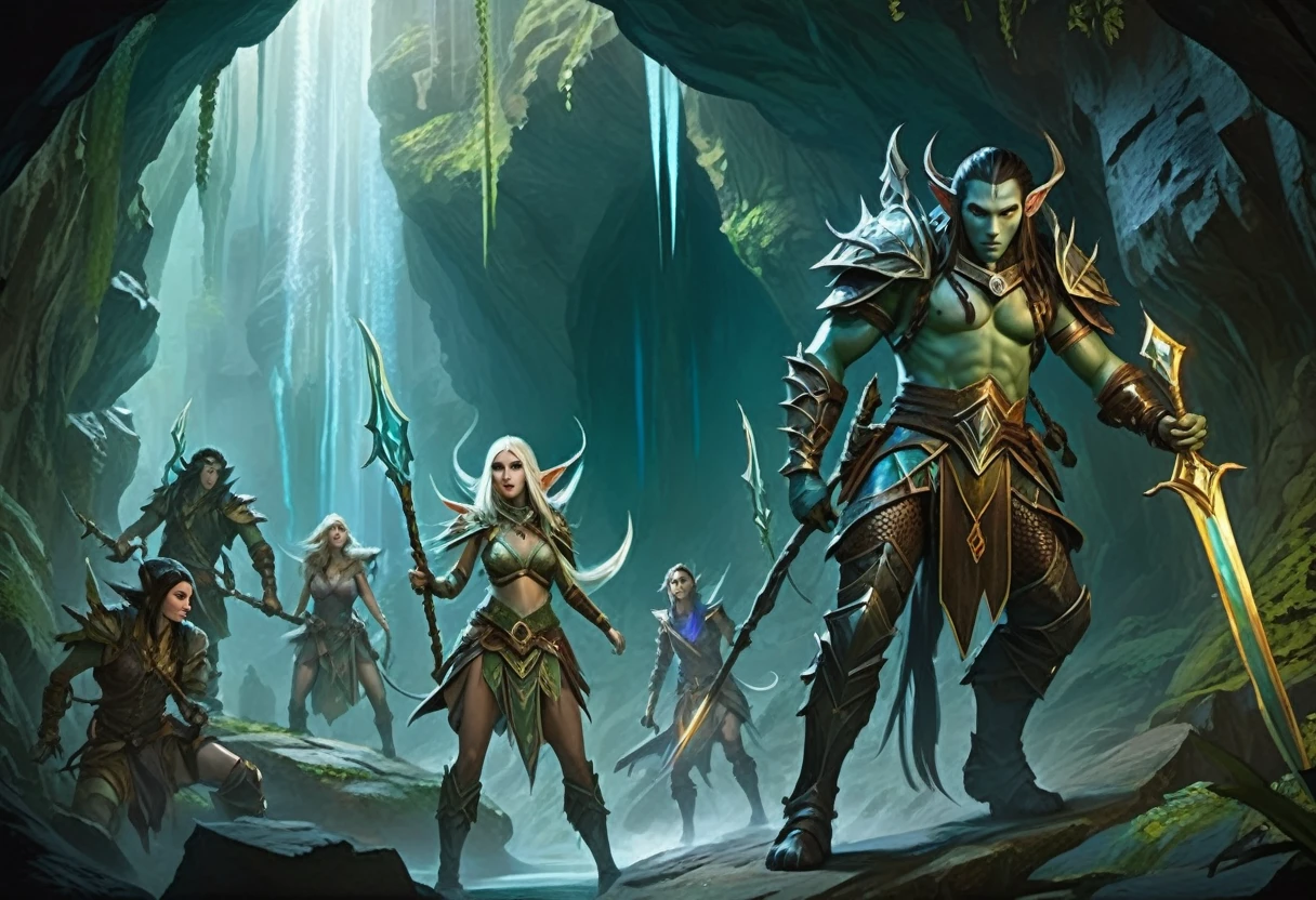 A group of sexy elven adventurers confront a 'roper' (an immense creature that imitates a stalagmite before lashing out with many tentacles and its immense maw),  in a deep dark cave, D&D