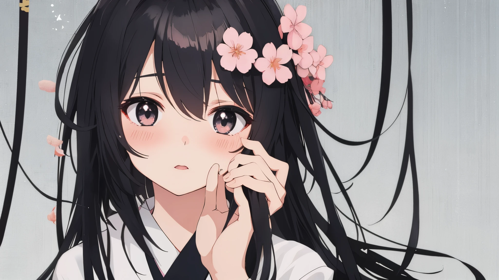 Climax、girl、Japanese anime style、blush、eyes look up、mouth open、black hair、long hair、black eyes