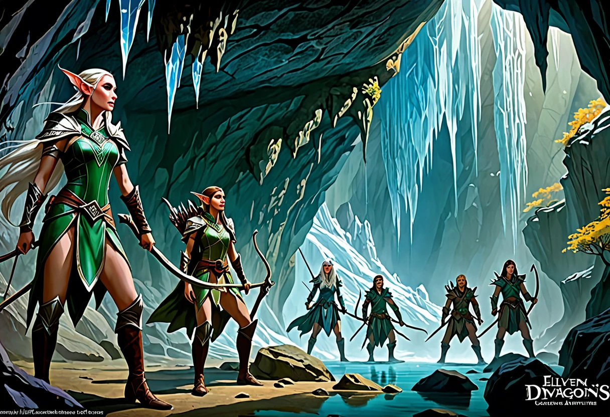 A group of sexy elven adventurers confront a 'roper' (an immense creature that imitates a stalagmite before lashing out with many tentacles and its immense maw),  in a deep dark cave, D&D