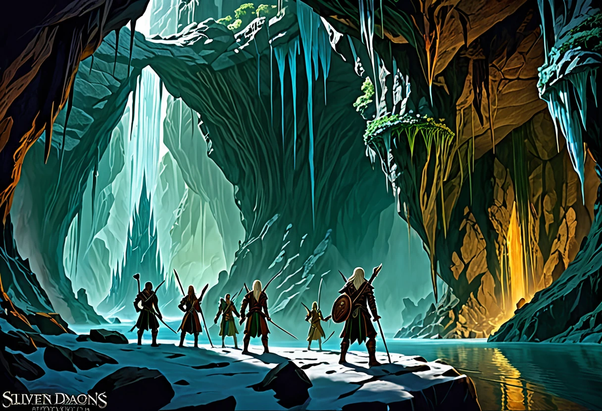 A group of sexy elven adventurers confront a 'roper' (an immense creature that imitates a stalagmite before lashing out with many tentacles and its immense maw),  in a deep dark cave, D&D