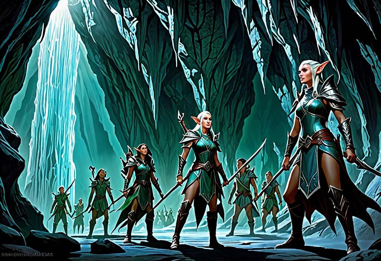 A group of sexy elven adventurers confront a 'roper' (an immense creature that imitates a stalagmite before lashing out with many tentacles and its immense maw),  in a deep dark cave, D&D