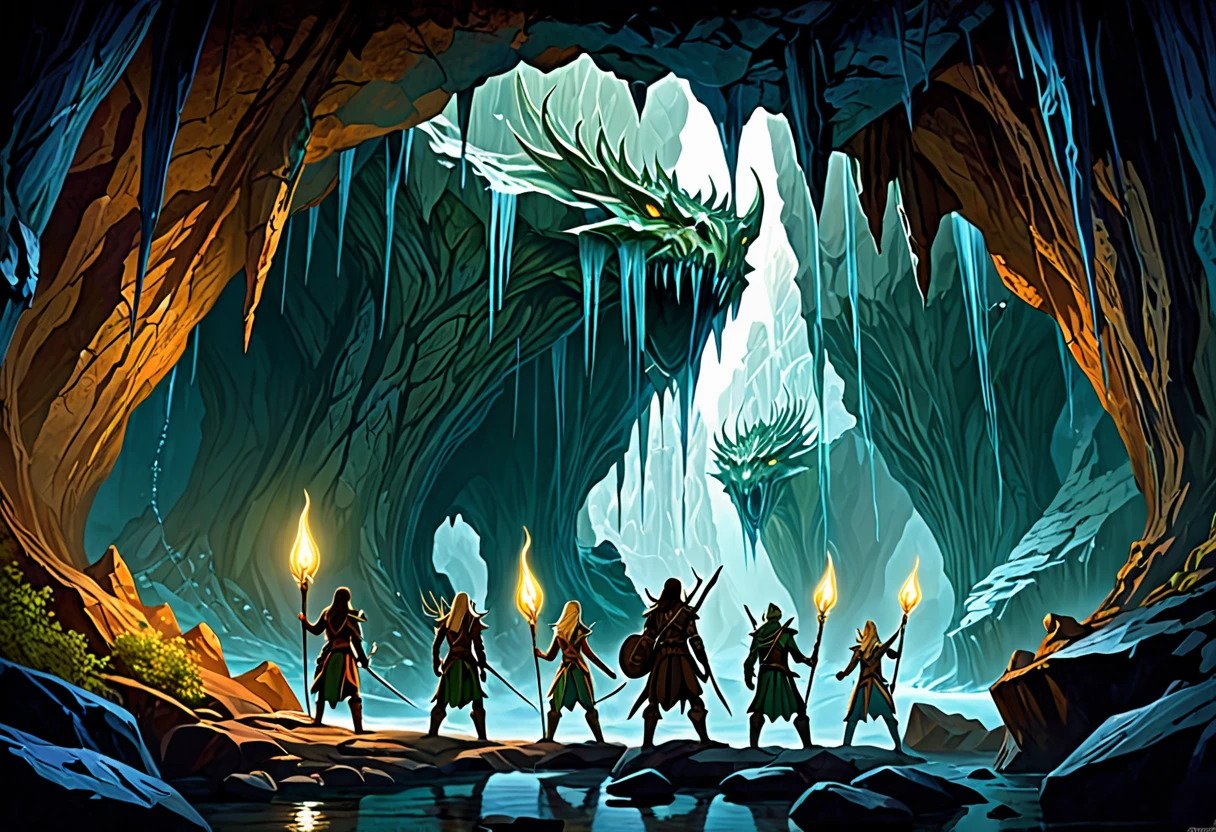 A group of sexy elven adventurers confront a 'roper' (an immense creature that imitates a stalagmite before lashing out with many tentacles and its immense maw),  in a deep dark cave, D&D