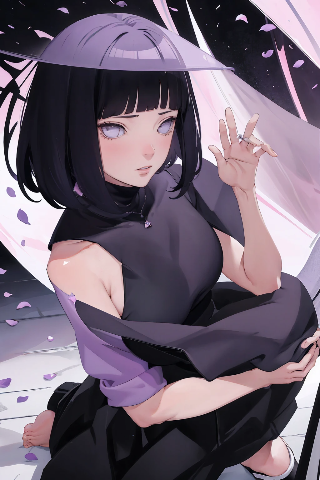 { - anatomy error} (Masterpiece - Ultra-detailed, very high resolution) (huge titusty, masterpiece, absurdres, hinata\(boruto\), 1girl, solo,mature female, lilac turtleneck blouse, black pant, looking at viewelling petals), perfect composition, detailed lips, big breast, beautiful face, body propotion, blush, (pink lips), short hair, (black hair), purple eyes, soft gaze, super realistic, detailed, photoshoot, realistic face and body, closed mouth , lilac eyes, full body, sitting on the floor , backwards, looking back, black boots, hidden hands, perfect fingers, inocent face