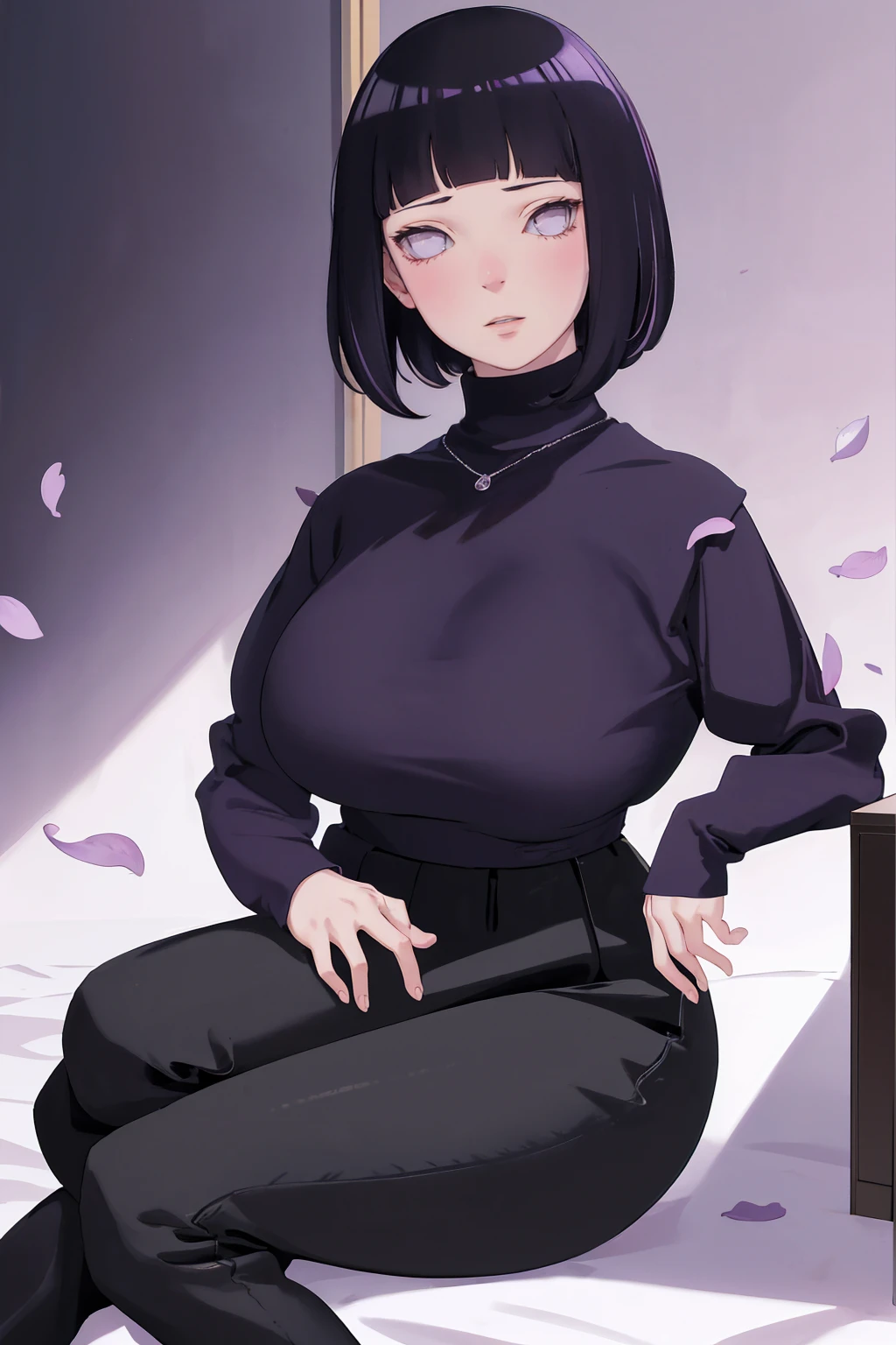 { - anatomy error} (Masterpiece - Ultra-detailed, very high resolution) (huge titusty, masterpiece, absurdres, hinata\(boruto\), 1girl, solo,mature female, lilac turtleneck blouse, black pant, looking at viewelling petals), perfect composition, detailed lips, big breast, beautiful face, body propotion, blush, (pink lips), short hair, (black hair), purple eyes, soft gaze, super realistic, detailed, photoshoot, realistic face and body, closed mouth , lilac eyes, full body, sitting on the floor , backwards, looking back, black boots, hidden hands, perfect fingers, inocent face