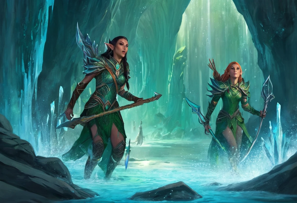 A group of sexy elven adventurers confront a 'roper' (an immense creature that imitates a stalagmite before lashing out with many tentacles and its immense maw),  in a deep dark cave, D&D