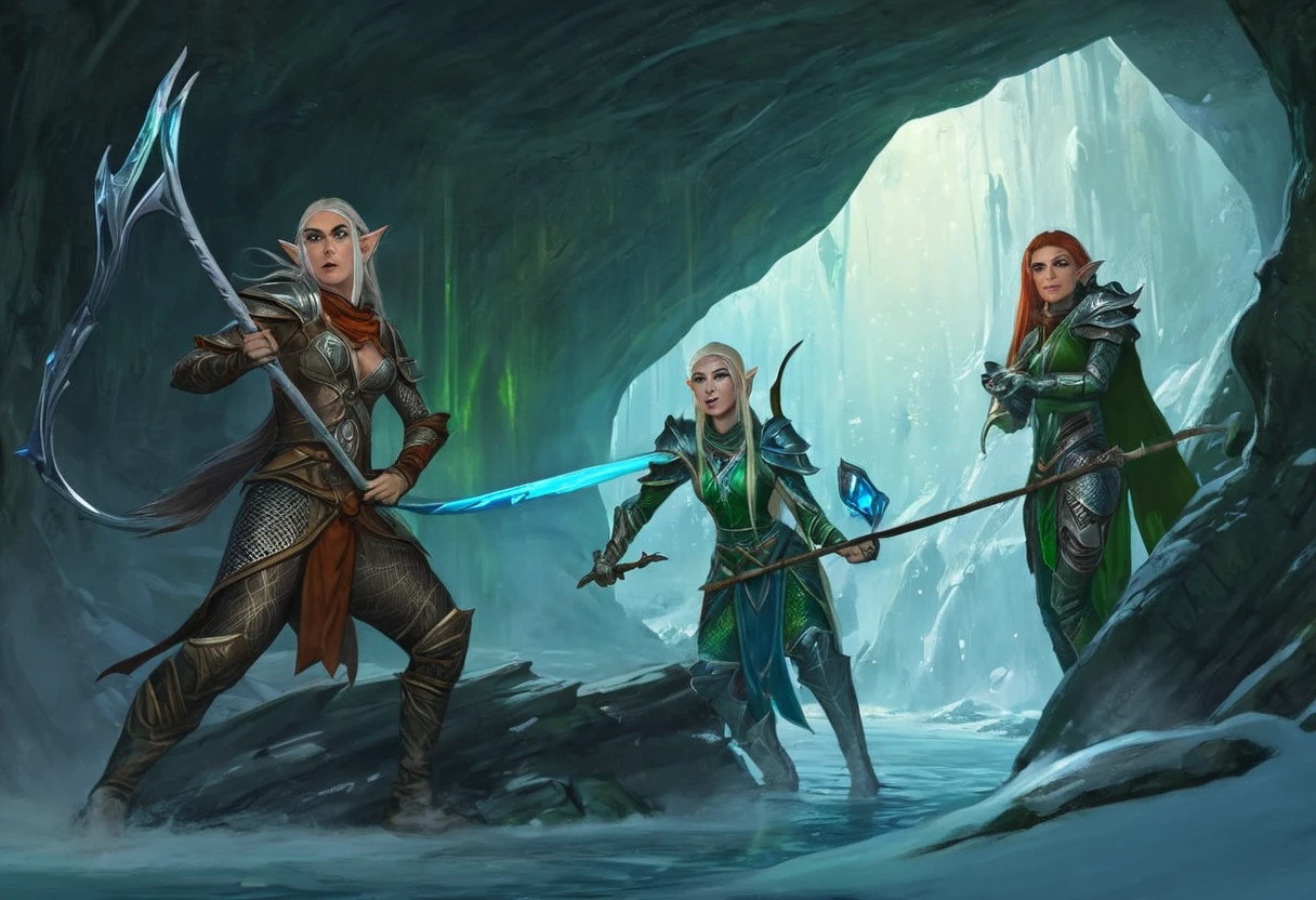 A group of sexy elven adventurers confront a 'roper' (an immense creature that imitates a stalagmite before lashing out with many tentacles and its immense maw),  in a deep dark cave, D&D