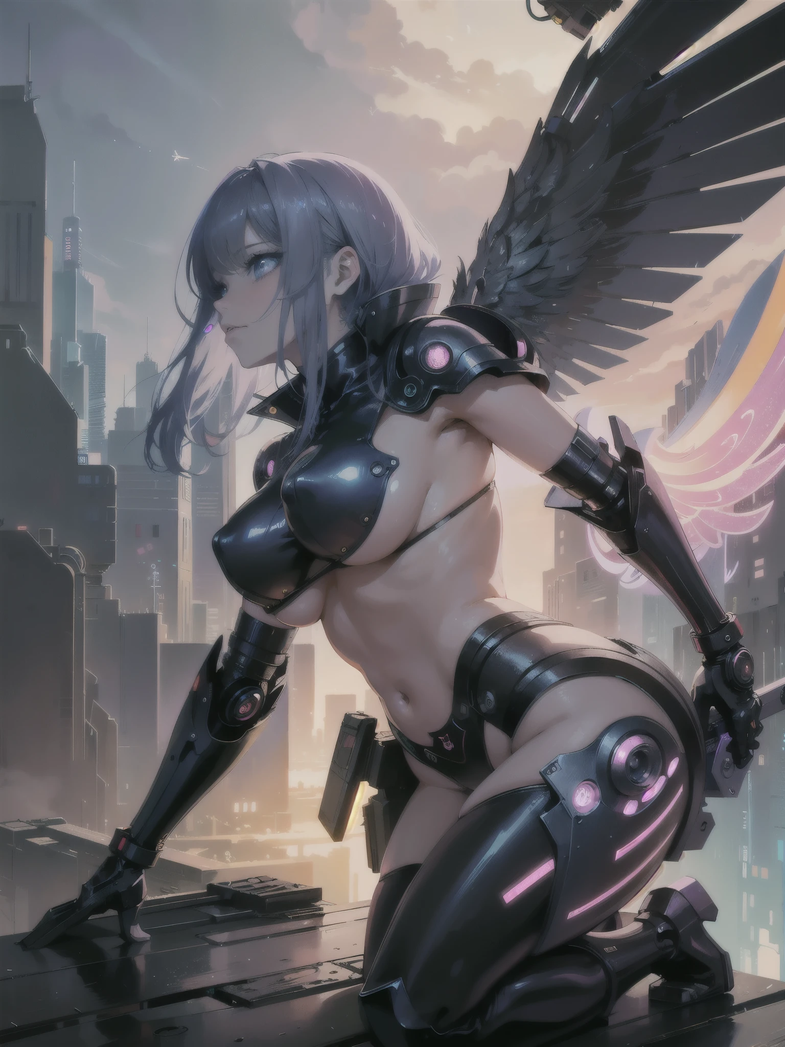 anime girl with wings kneeling on a ledge in a city, beautiful cyborg angel girl, anime cyberpunk art, digital cyberpunk anime art, female cyberpunk anime girl, cyberpunk anime girl mech, digital cyberpunk - anime art, cyberpunk anime girl, cyberpunk anime art, best anime 4k konachan wallpaper, mechanized valkyrie girl, oppai cyberpunk, cyberpunk angry gorgeous goddess