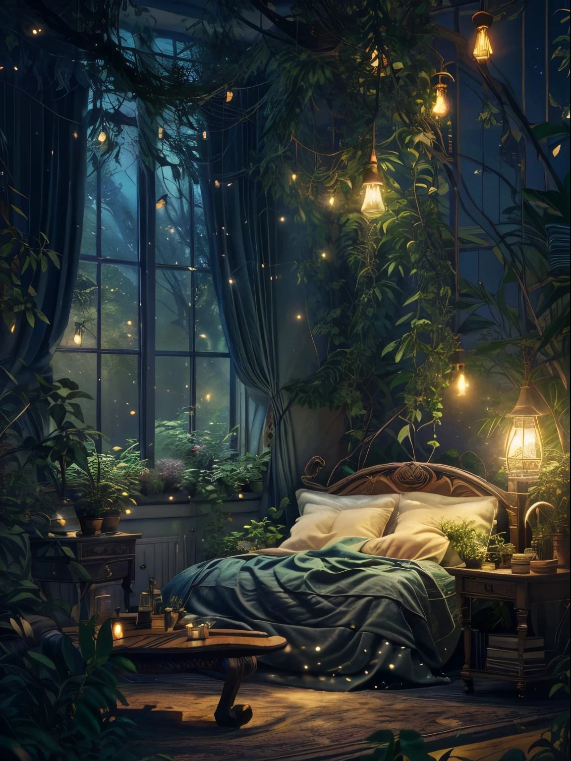 there is a bed in a room with a lot of plants, magical environment, magical realism style, relaxing concept art, anime background art, cozy night fireflies, cosy enchanted scene, relaxing environment, magical atmosphere, cozy place, dreamy and detailed, anime background, magical atmosphere + masterpiece, cozy and peaceful atmosphere, dreamy atmosphere and drama, personal room background