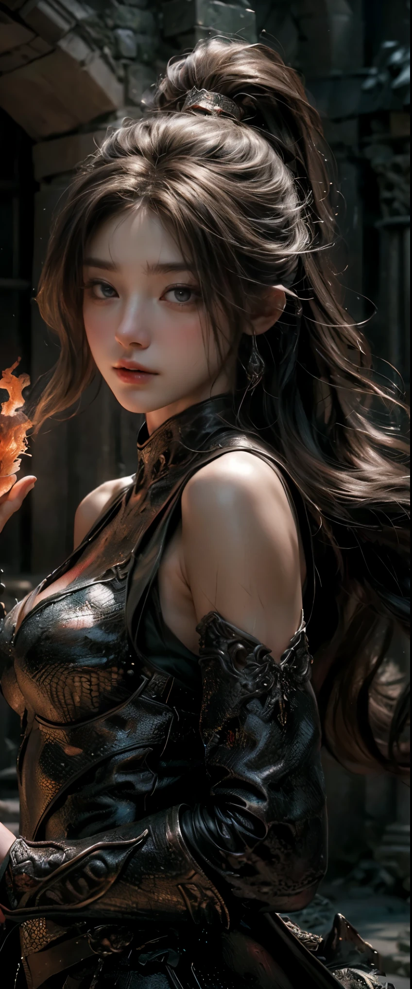 ((masterpiece, highest quality, Highest image quality, High resolution, photorealistic, Raw photo, 8K)), Dungeons & Dragons, A huge stone hall, A female warrior battles a giant dragon that breathes fire,