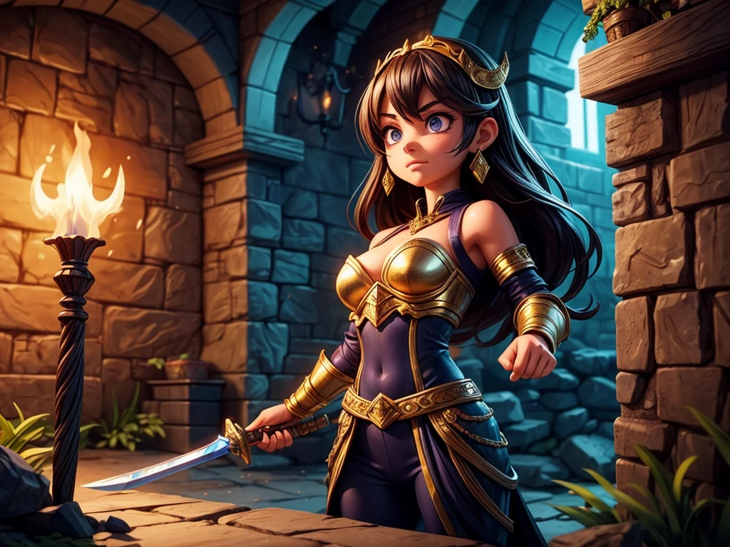 A girl exploring a dark dungeon, wearing an enchanted armor and holding a shining sword, with a brave and determined expression on her face. The dungeon is filled with intricate details of moss-covered stone walls, ancient carvings, and flickering torchlight. The air is heavy with a sense of mystery and danger. The girl's eyes are detailed, capturing the light of the torches and reflecting her unwavering determination. Her lips are beautifully detailed, revealing a hint of determination and strength.

The artwork is created in a medium that combines digital painting techniques with realistic textures, bringing out the fantasy world in a stunning and immersive way. The texture of the dungeon walls is gritty and rough, while the armor is sleek and shiny, creating a captivating contrast.

Additional details include a scattered treasure chest overflowing with gold and jewels, hinting at the rewards waiting to be discovered. A hidden trap mechanism is partially visible on the floor, adding suspense and thrill to the scene. The girl's powerful stance showcases her agility and readiness for any challenge that comes her way.

The image quality is of the highest standards, with vibrant colors and ultra-detailed elements that make every aspect of the artwork come to life. The lighting is carefully designed to create a dramatic atmosphere, casting shadows that dance along the dungeon walls.

In terms of art style, the artwork leans towards the fantasy genre, capturing the essence of the Dungeons & Dragons universe. The color palette is rich and vibrant, with deep blues and purples contrasting with warm golden tones, enhancing the magical and mysterious feel of the scene.

With this prompt, Stable Diffusion will generate a high-quality, detailed image of a girl exploring a mysterious dungeon, transporting the viewers into a fascinating world of adventure and fantasy.