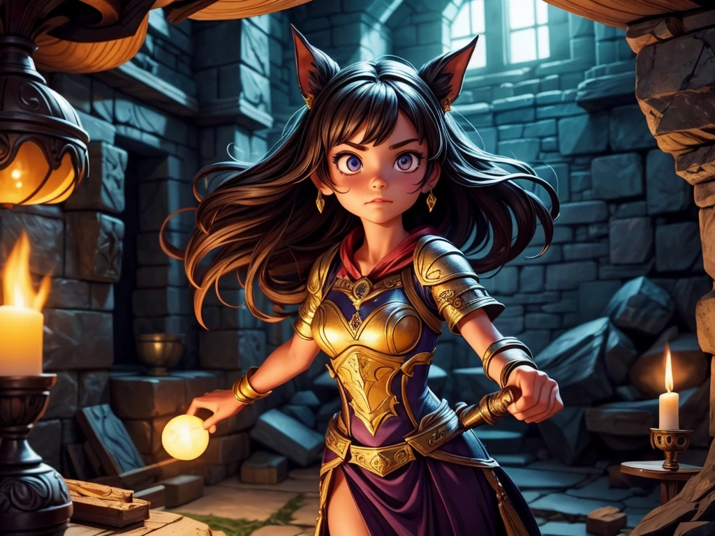 A girl exploring a dark dungeon, wearing an enchanted armor and holding a shining sword, with a brave and determined expression on her face. The dungeon is filled with intricate details of moss-covered stone walls, ancient carvings, and flickering torchlight. The air is heavy with a sense of mystery and danger. The girl's eyes are detailed, capturing the light of the torches and reflecting her unwavering determination. Her lips are beautifully detailed, revealing a hint of determination and strength.

The artwork is created in a medium that combines digital painting techniques with realistic textures, bringing out the fantasy world in a stunning and immersive way. The texture of the dungeon walls is gritty and rough, while the armor is sleek and shiny, creating a captivating contrast.

Additional details include a scattered treasure chest overflowing with gold and jewels, hinting at the rewards waiting to be discovered. A hidden trap mechanism is partially visible on the floor, adding suspense and thrill to the scene. The girl's powerful stance showcases her agility and readiness for any challenge that comes her way.

The image quality is of the highest standards, with vibrant colors and ultra-detailed elements that make every aspect of the artwork come to life. The lighting is carefully designed to create a dramatic atmosphere, casting shadows that dance along the dungeon walls.

In terms of art style, the artwork leans towards the fantasy genre, capturing the essence of the Dungeons & Dragons universe. The color palette is rich and vibrant, with deep blues and purples contrasting with warm golden tones, enhancing the magical and mysterious feel of the scene.

With this prompt, Stable Diffusion will generate a high-quality, detailed image of a girl exploring a mysterious dungeon, transporting the viewers into a fascinating world of adventure and fantasy.