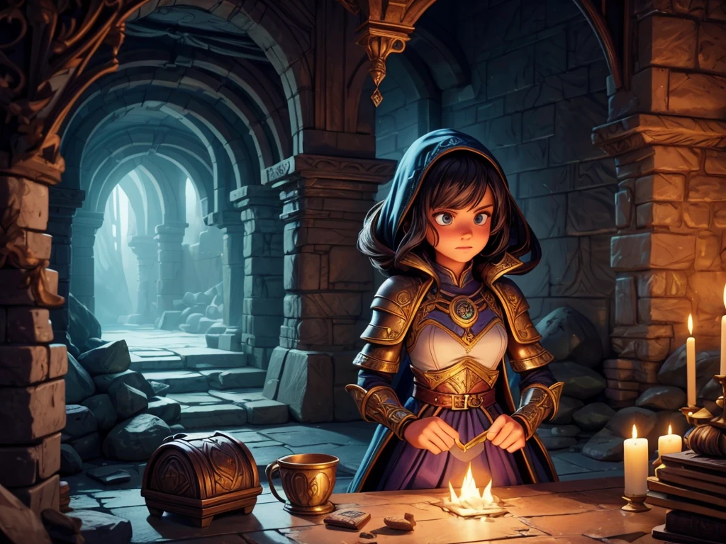 A girl exploring a dark dungeon, wearing an enchanted armor and holding a shining sword, with a brave and determined expression on her face. The dungeon is filled with intricate details of moss-covered stone walls, ancient carvings, and flickering torchlight. The air is heavy with a sense of mystery and danger. The girl's eyes are detailed, capturing the light of the torches and reflecting her unwavering determination. Her lips are beautifully detailed, revealing a hint of determination and strength.

The artwork is created in a medium that combines digital painting techniques with realistic textures, bringing out the fantasy world in a stunning and immersive way. The texture of the dungeon walls is gritty and rough, while the armor is sleek and shiny, creating a captivating contrast.

Additional details include a scattered treasure chest overflowing with gold and jewels, hinting at the rewards waiting to be discovered. A hidden trap mechanism is partially visible on the floor, adding suspense and thrill to the scene. The girl's powerful stance showcases her agility and readiness for any challenge that comes her way.

The image quality is of the highest standards, with vibrant colors and ultra-detailed elements that make every aspect of the artwork come to life. The lighting is carefully designed to create a dramatic atmosphere, casting shadows that dance along the dungeon walls.

In terms of art style, the artwork leans towards the fantasy genre, capturing the essence of the Dungeons & Dragons universe. The color palette is rich and vibrant, with deep blues and purples contrasting with warm golden tones, enhancing the magical and mysterious feel of the scene.

With this prompt, Stable Diffusion will generate a high-quality, detailed image of a girl exploring a mysterious dungeon, transporting the viewers into a fascinating world of adventure and fantasy.