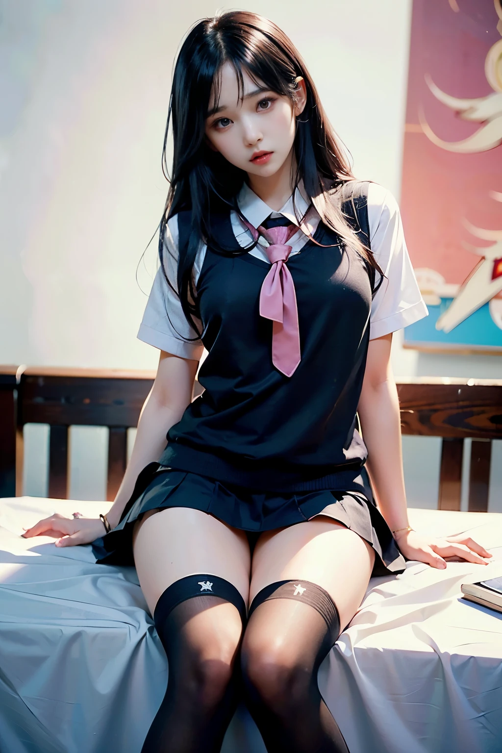 (table top:1.2, 8K, highest quality), (realisticNSFW, realistic:1.37), Super detailed, looking at the viewer, look away, whole body, 1 girl, K-POP, Girls with natural makeup, black hair, (long hair:1.4), (Sexual liberation promotional shoot:1.7), skinny, Medium chest, beautiful face, fine and beautiful eyes, beautiful ears, beautiful body, beautiful breasts, beautiful thighs, beautiful feet, (sex education street art:1.1), (girls school uniform:1.5), (clear white skin), pink ribbon, (joy, strip), (pop art:1.6),