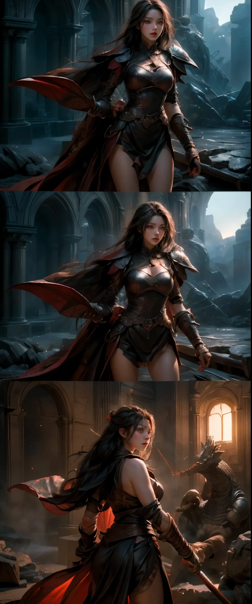 ((masterpiece, highest quality, Highest image quality, High resolution, photorealistic, Raw photo, 8K)), Dungeons & Dragons, A huge stone hall, A female warrior battles a giant dragon that breathes fire,