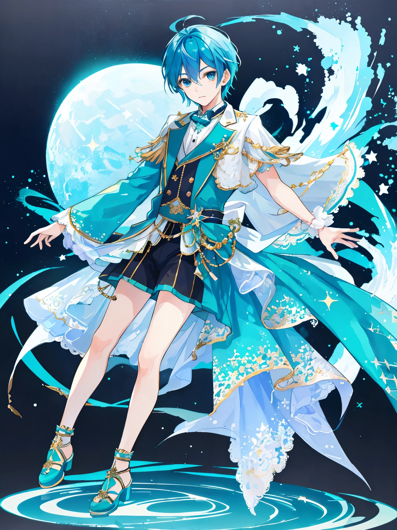 ((Full body)), (a boy), male role, ((idol costume)), ((blue hair)), ((teal eyes)), high quality