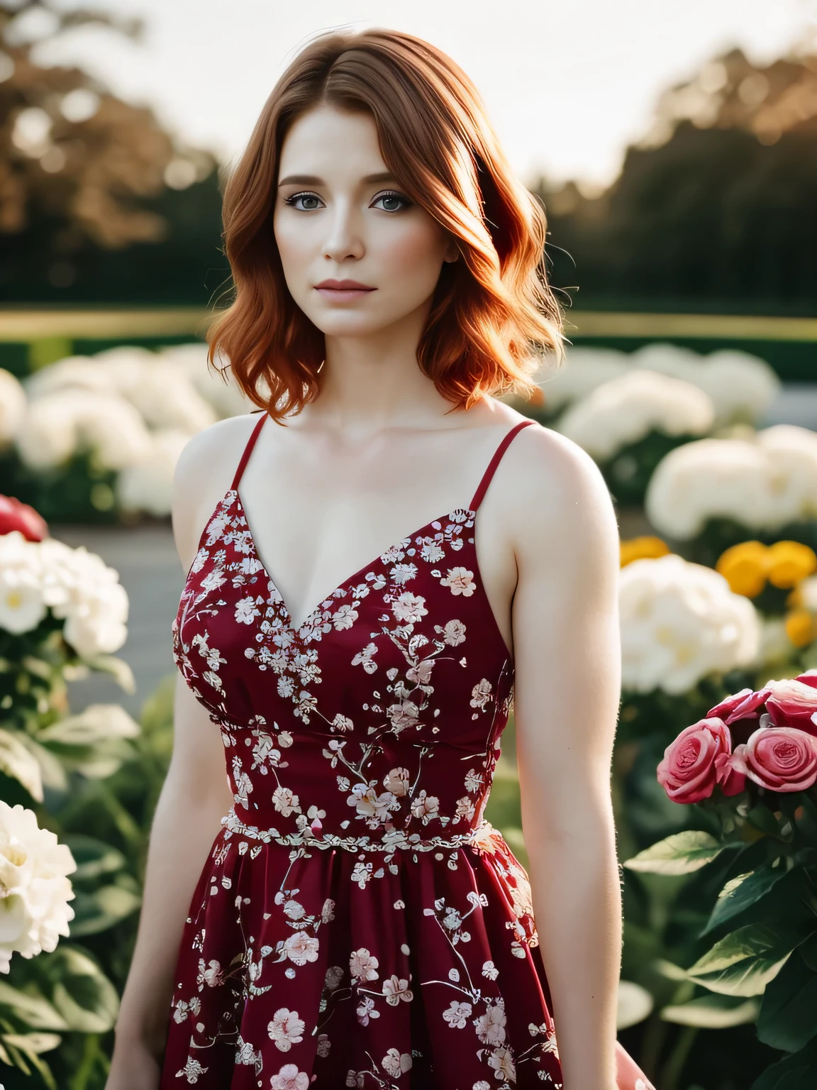 (masterpiece), (extremely intricate:1.3),(realistic), bryce dallas howard, ((short chanel), red hair, portrait of a woman, the most beautiful in the world, (floral dressr), outdoors, intense sunlight, flower shop, professional photograph of a stunning woman detailed, sharp focus, dramatic, award winning, cinematic lighting, octane render, unreal engine, volumetrics dtx, (film grain, bokeh, blurry foreground, blurry background), crest on chest
