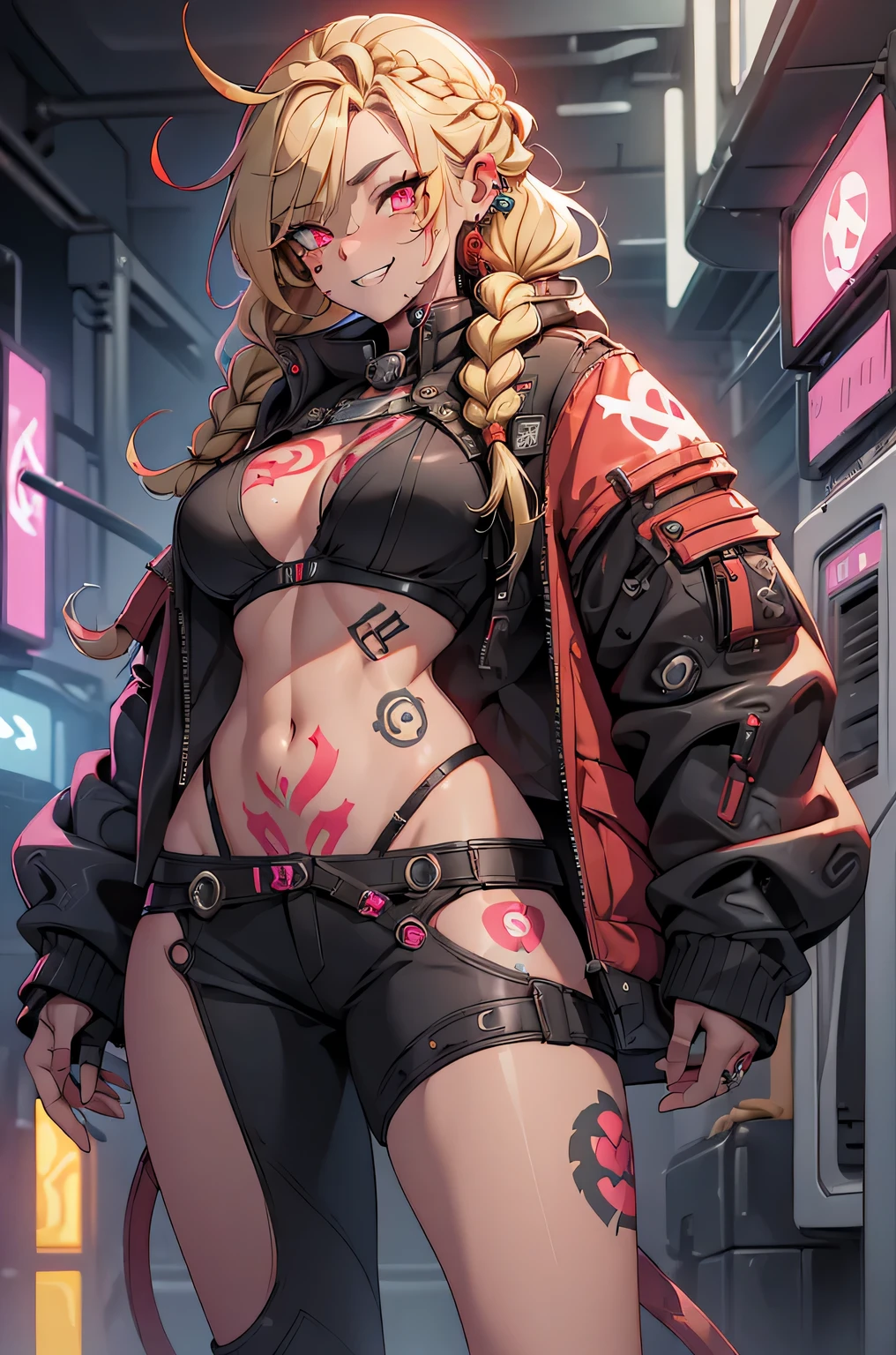 1girl, rebecca \(cyberpunk\), cowboy shot, solo,(( blonde braid hair)), glowing red eyes,laugh fearlessly, leg tattoo, neck tattoo,  large chest, black bra, thong, red pupils, skin fang, red eyes, black jacket, 