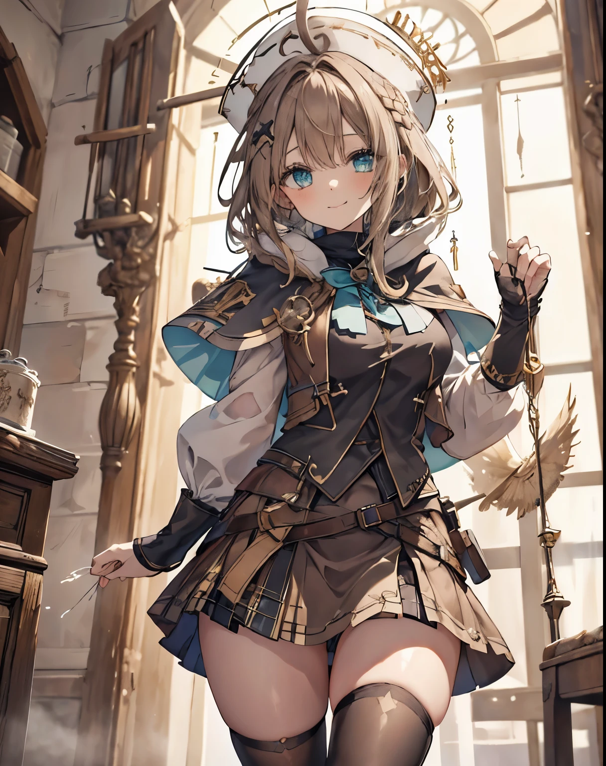 masterpiece, 1girl, sparrow, a brown haired girl, wearing a white medieval priestess clothes, curly medium hair, messy hair, slim body, wearing golden capelet with hoody, he close her left eye, shirt ornament, aqua eyes, sho show her back, ahoge, black vest, baby face, big breast, beautiful breasts, rounded breasts, braid hair, mitre cap, long sleeves, beautiful eyes, white stocking, droopy eyes, miniskirt, brown skirt, plaid skirt, she is piss on the bed, her age is 19 years old, mitre, black mitre, seductive smile