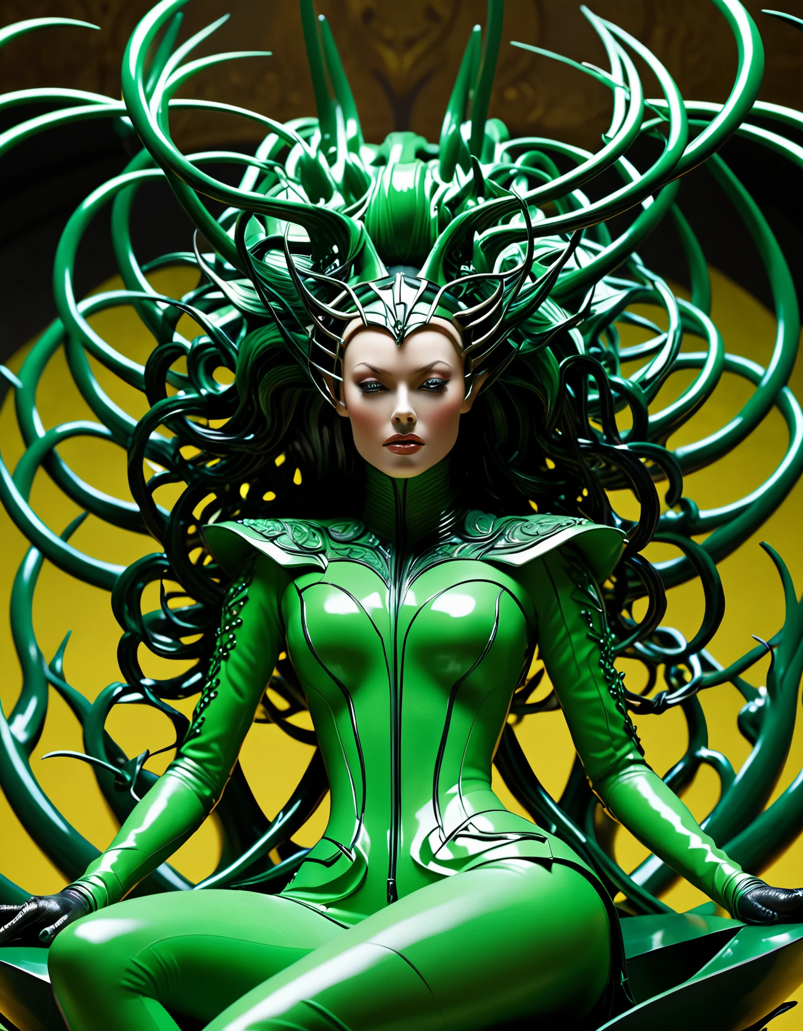  A captivating sculpture capturing the seductive allure of a lady from hell in a mesmerizing green-themed setting, embodying the spirit of Hela in an epic split-screen tableau that amplifies the intensity and mystery of her presence. The green color palette infuses the sculpture with a sense of mystical charm and dark elegance, enhancing the lady's enigmatic and alluring persona. The split-screen composition allows for a dynamic presentation of Hela's entrance, showcasing her fierce beauty and regal poise from multiple vantage points. This sculpture, created by acclaimed sculptor Yinka Shonibare, transports viewers into a world of fantasy and myth, where sensuality and power converge in a spellbinding display of artistic craftsmanship and storytelling