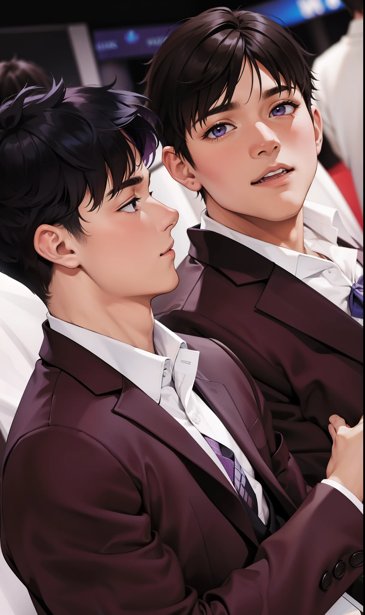 There are two cute 16 year old boys with purple hair.