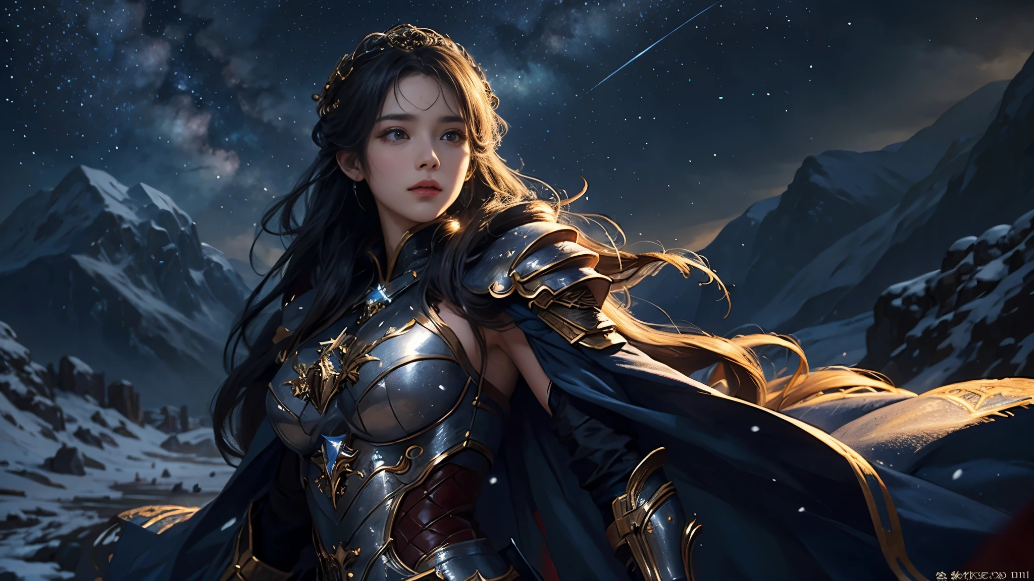 masterpiece, rest, best quality, Super detailed, Super real, 16K, high resolution, snow mountain, ((starry sky)),female warrior，ornate armor，complex pattern，big breasts，beautiful face，dramatic，half body shot